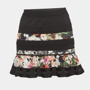 Roberto Cavalli Black Floral Pull On Stretch Ruffle Mini Skirt 38